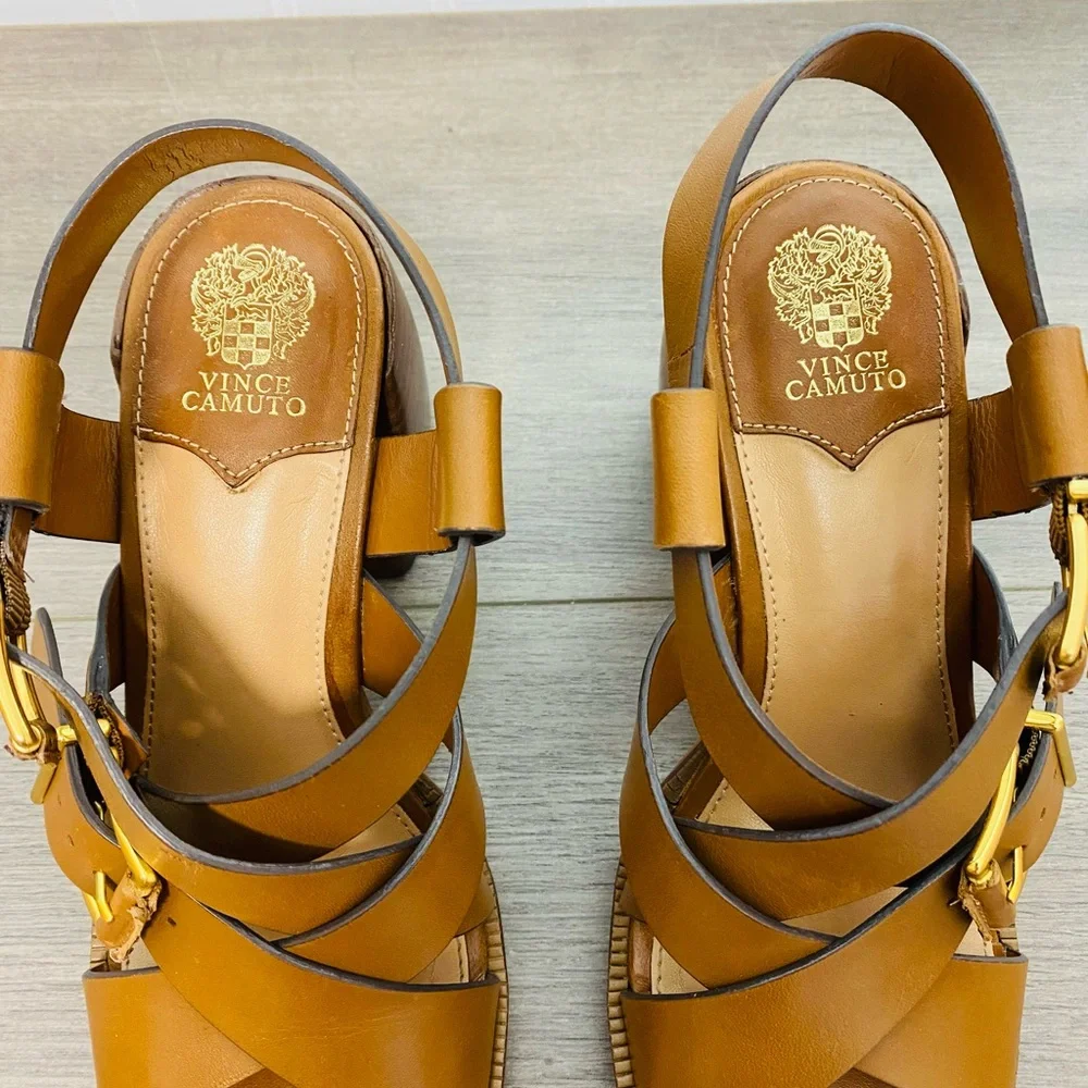 Used women Vince Camuto Penina Tailored Leather Heeled Sandal size 6.5 no box - Picture 3 of 9